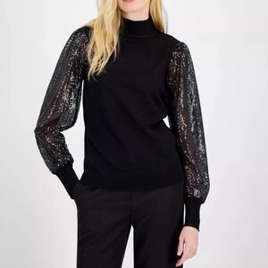 🔥T-Tahari | Sequin Sleeve Mock Neck Sweater